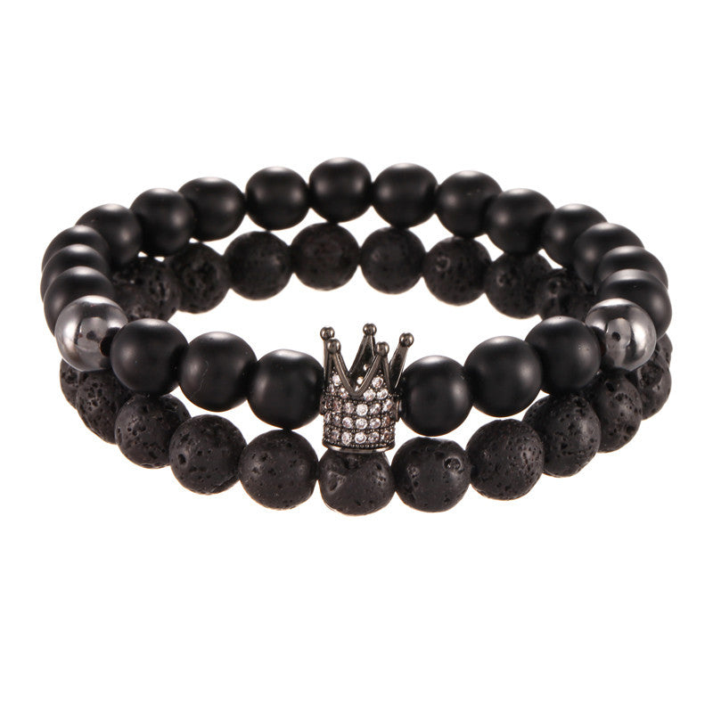 Foreign trade supply jewelry 8mm black matte lava stone micro-inlaid zircon crown two-piece set bracelet bracelet male wholesale