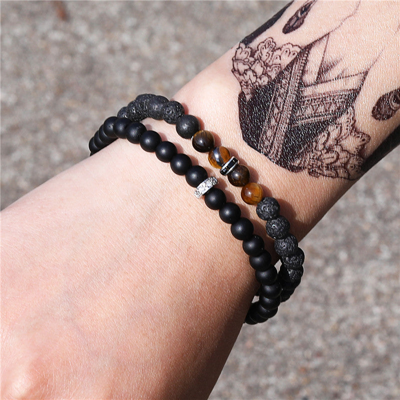 Cross-border jewelry 6mm frosted stone lava stone tiger's eye stone through spacer elastic bracelet bracelet accessories wholesale