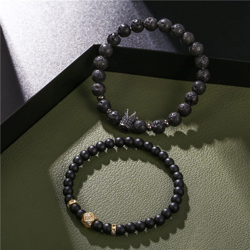 Punk style 8mm lava stone 6mm black matte wear zircon crown rhombus septum elastic set bracelet, jewelry