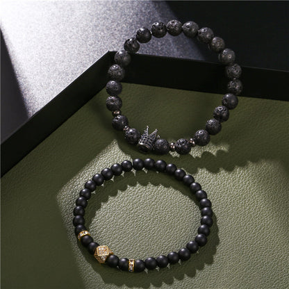 Punk style 8mm lava stone 6mm black matte wear zircon crown rhombus septum elastic set bracelet, jewelry