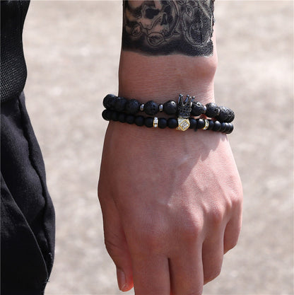 Punk style 8mm lava stone 6mm black matte wear zircon crown rhombus septum elastic set bracelet, jewelry