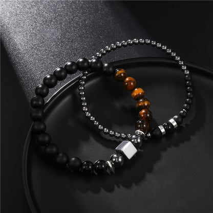 8mm black matte tiger's eye stone 4mm black iron stone wearing square elastic bracelet bracelet set, male