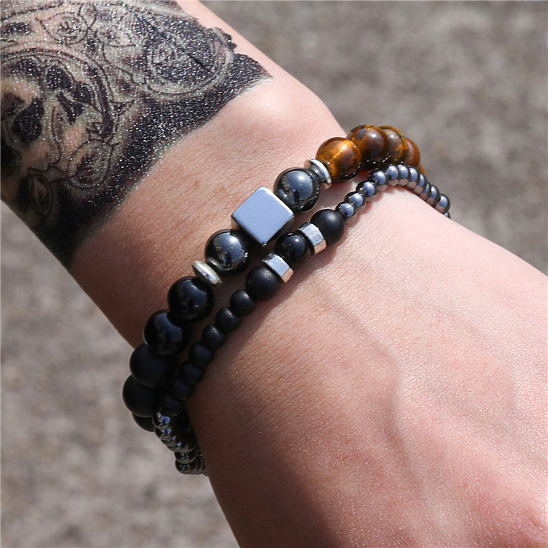 8mm black matte tiger's eye stone 4mm black iron stone wearing square elastic bracelet bracelet set, male