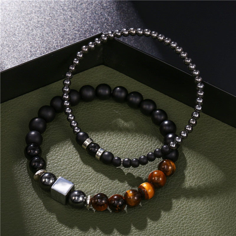8mm black matte tiger's eye stone 4mm black iron stone wearing square elastic bracelet bracelet set, male