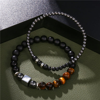 8mm black matte tiger's eye stone 4mm black iron stone wearing square elastic bracelet bracelet set, male