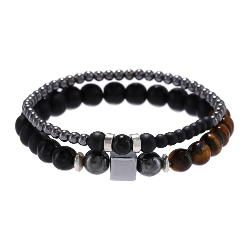 8mm black matte tiger's eye stone 4mm black iron stone wearing square elastic bracelet bracelet set, male