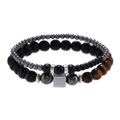 8mm black matte tiger's eye stone 4mm black iron stone wearing square elastic bracelet bracelet set, male