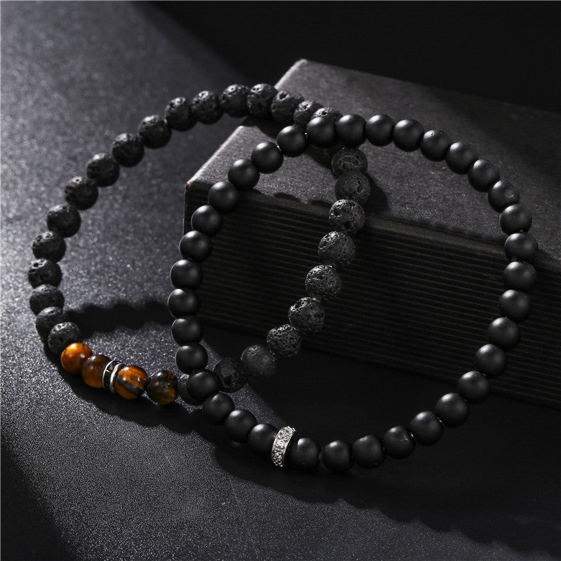 Cross-border jewelry 6mm frosted stone lava stone tiger's eye stone through spacer elastic bracelet bracelet accessories wholesale