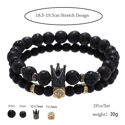 Punk style 8mm lava stone 6mm black matte wear zircon crown rhombus septum elastic set bracelet, jewelry