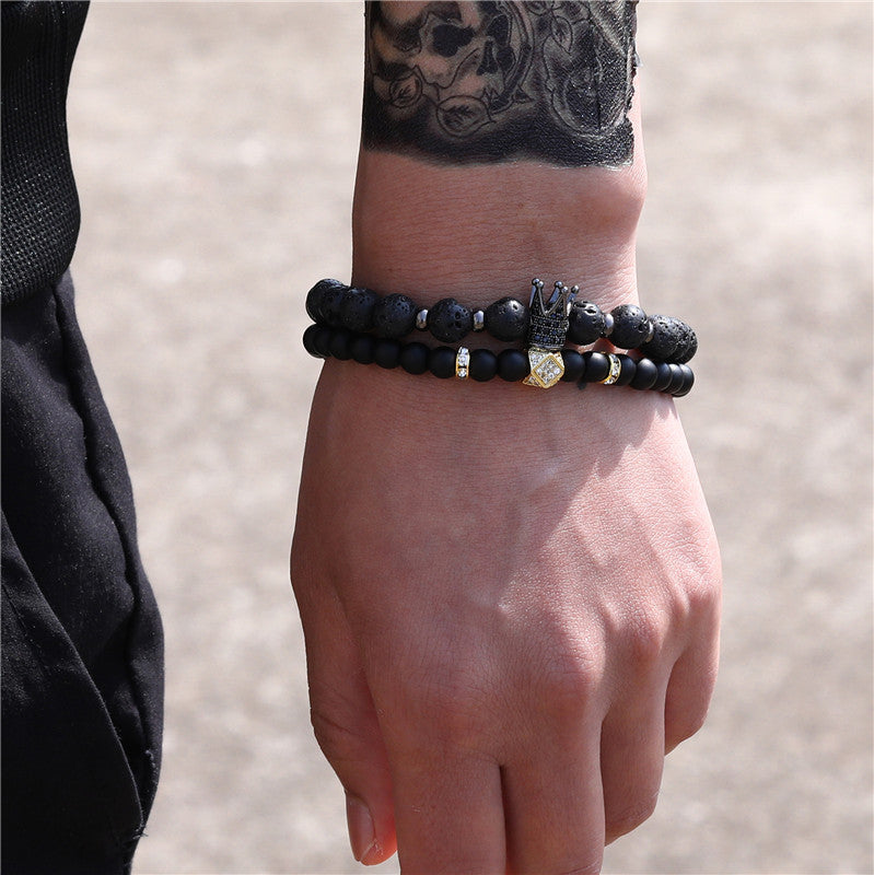 Punk style 8mm lava stone 6mm black matte wear zircon crown rhombus septum elastic set bracelet, jewelry