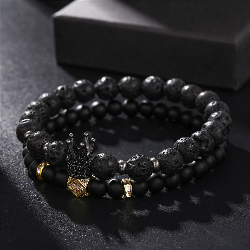 Punk style 8mm lava stone 6mm black matte wear zircon crown rhombus septum elastic set bracelet, jewelry