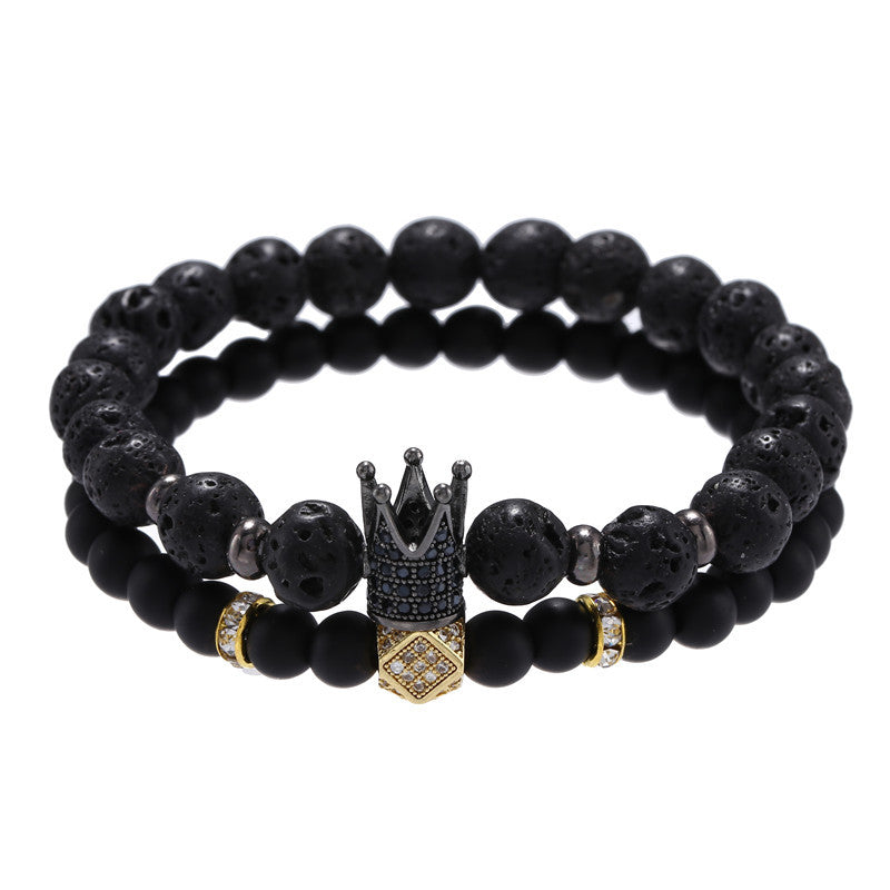 Punk style 8mm lava stone 6mm black matte wear zircon crown rhombus septum elastic set bracelet, jewelry