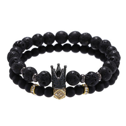 Punk style 8mm lava stone 6mm black matte wear zircon crown rhombus septum elastic set bracelet, jewelry