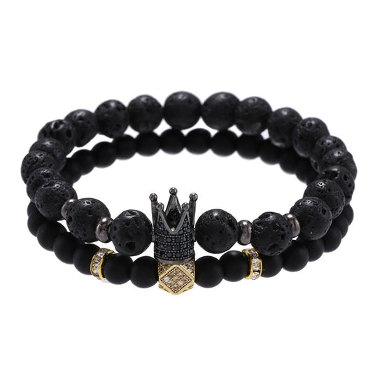 Punk style 8mm lava stone 6mm black matte wear zircon crown rhombus septum elastic set bracelet, jewelry