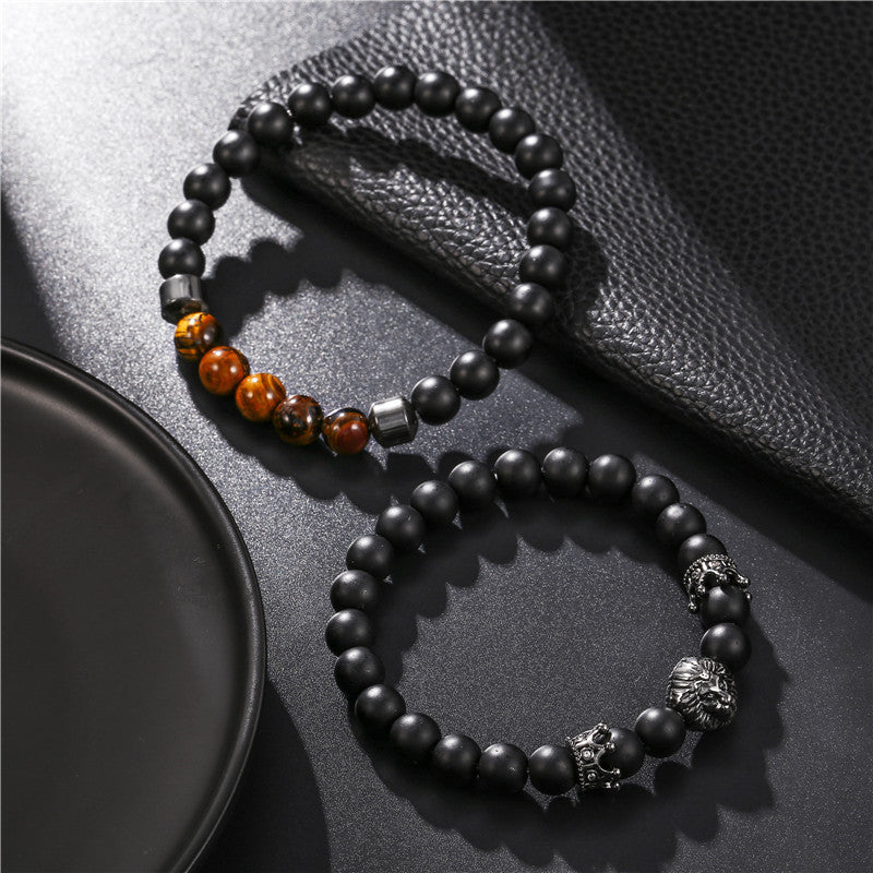 Cross-border jewelry, retro trend 8mm black matte crown lion head tiger eye stone elastic set bracelet men