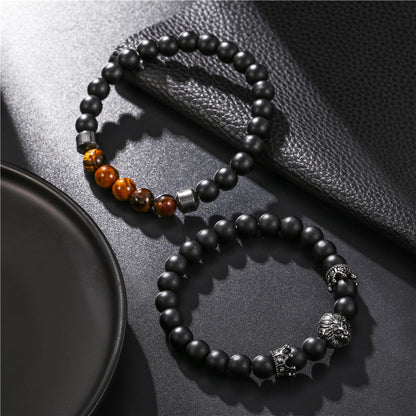 Cross-border jewelry, retro trend 8mm black matte crown lion head tiger eye stone elastic set bracelet men