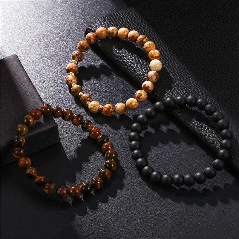 Cross-border men's hand jewelry simple and versatile 8mm black matte tiger eye picture stone elastic set stacked bracelet men