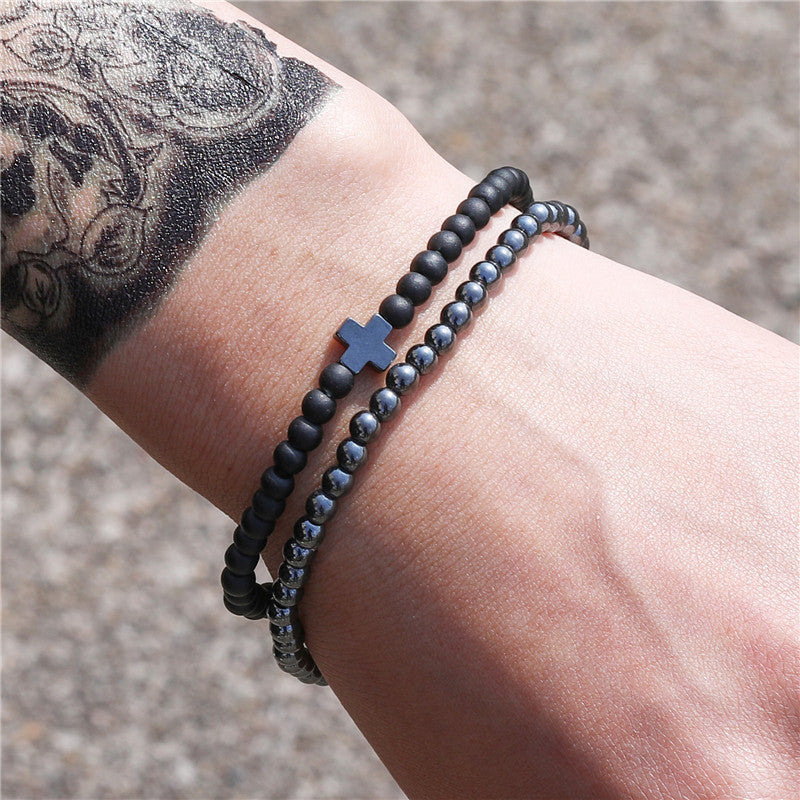 AliExpress hot-selling fashion simple 4mm black matte copper beads wear cross elastic set bracelet bracelet accessories