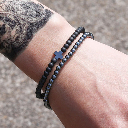 AliExpress hot-selling fashion simple 4mm black matte copper beads wear cross elastic set bracelet bracelet accessories