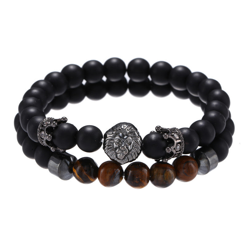 Cross-border jewelry, retro trend 8mm black matte crown lion head tiger eye stone elastic set bracelet men