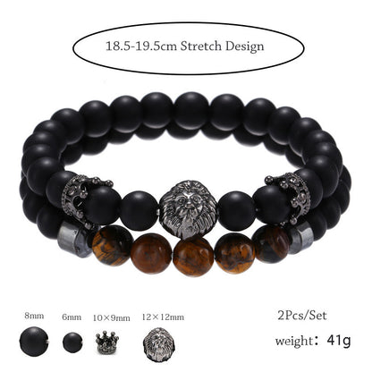 Cross-border jewelry, retro trend 8mm black matte crown lion head tiger eye stone elastic set bracelet men
