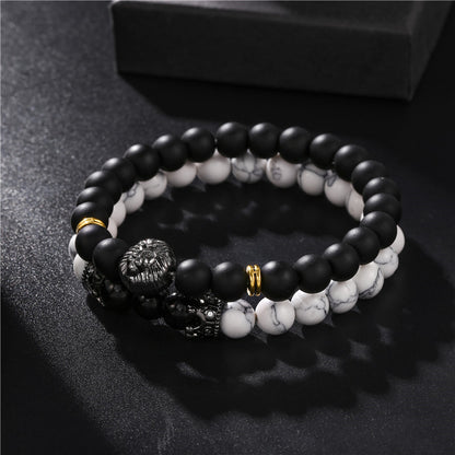 Live hot sale black frosted stone turquoise zircon crown lion head bracelet set creative personalized jewelry accessories