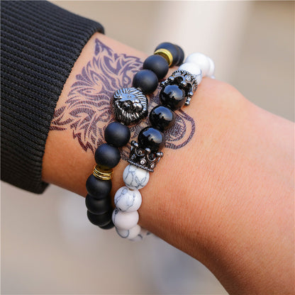 Live hot sale black frosted stone turquoise zircon crown lion head bracelet set creative personalized jewelry accessories