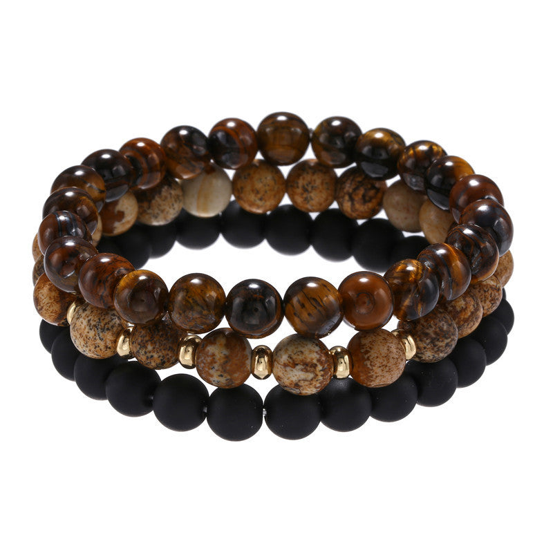 Cross-border men's hand jewelry simple and versatile 8mm black matte tiger eye picture stone elastic set stacked bracelet men