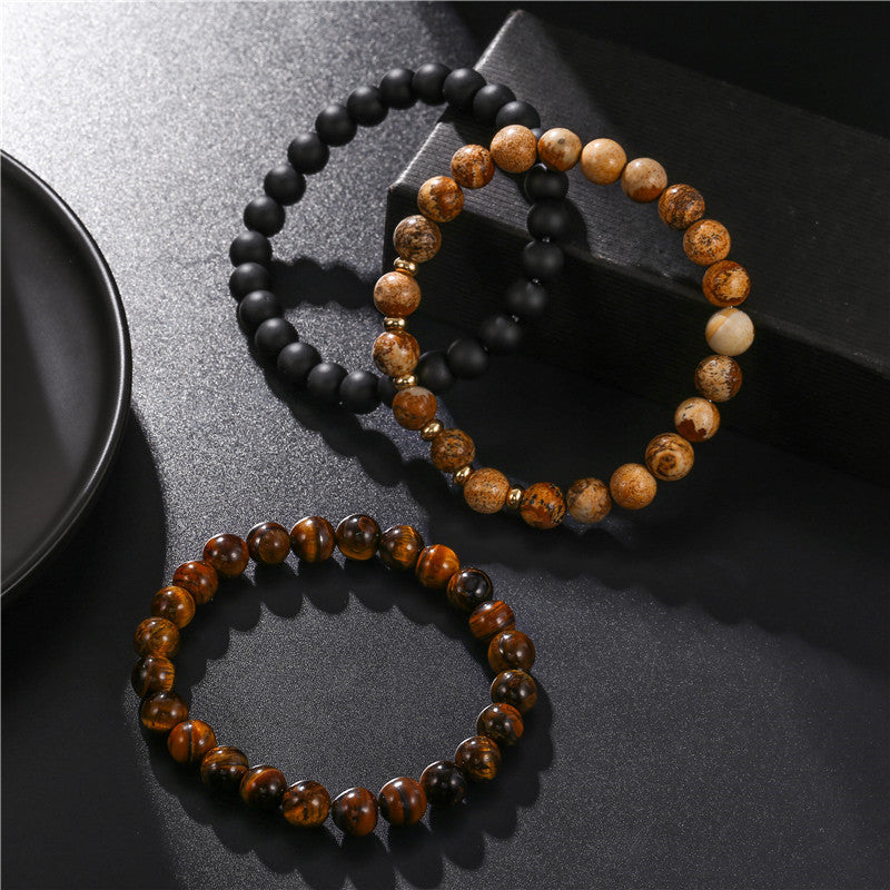 Cross-border men's hand jewelry simple and versatile 8mm black matte tiger eye picture stone elastic set stacked bracelet men
