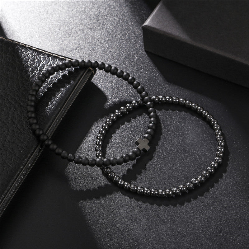 AliExpress hot-selling fashion simple 4mm black matte copper beads wear cross elastic set bracelet bracelet accessories