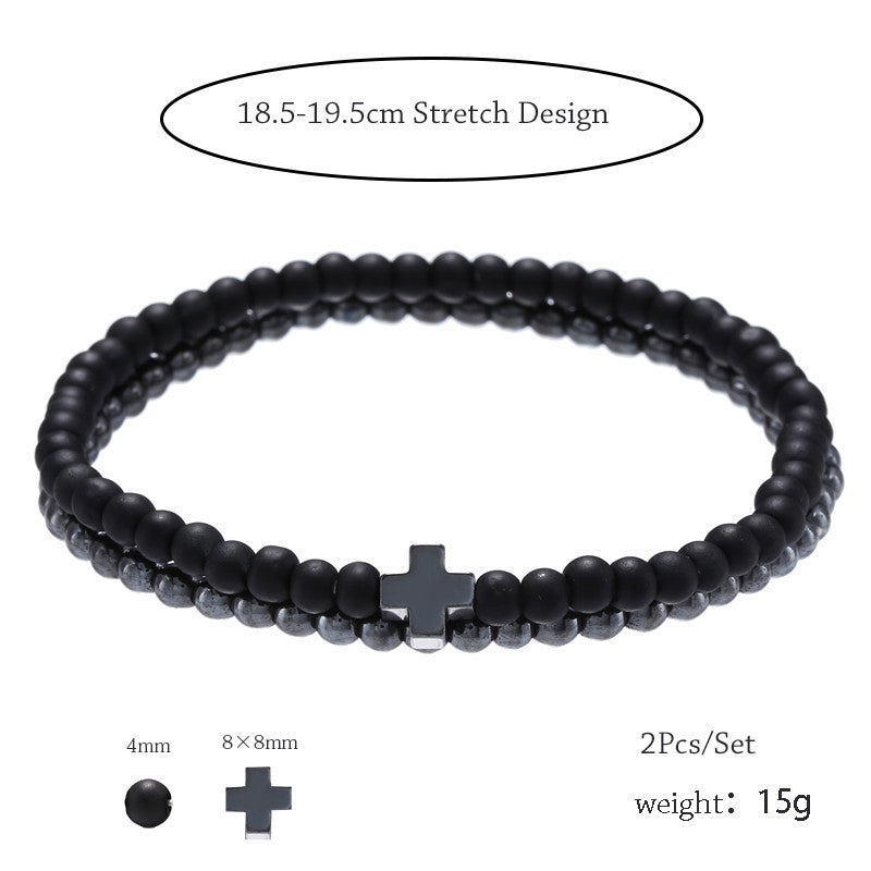 AliExpress hot-selling fashion simple 4mm black matte copper beads wear cross elastic set bracelet bracelet accessories