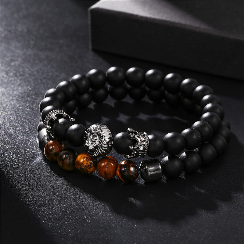 Cross-border jewelry, retro trend 8mm black matte crown lion head tiger eye stone elastic set bracelet men