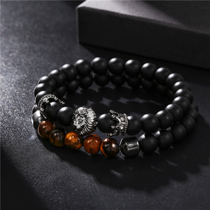 Cross-border jewelry, retro trend 8mm black matte crown lion head tiger eye stone elastic set bracelet men