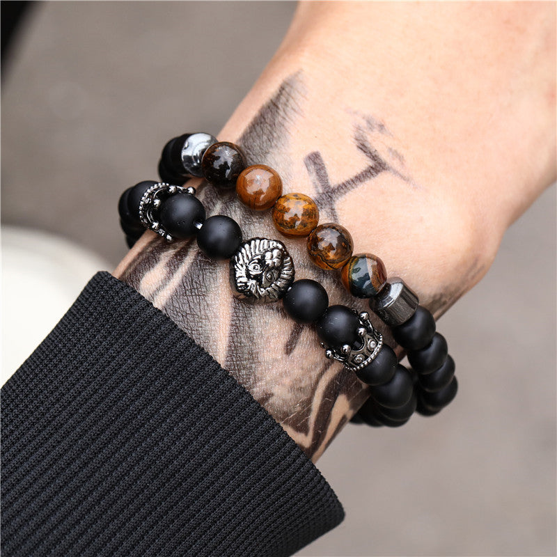 Cross-border jewelry, retro trend 8mm black matte crown lion head tiger eye stone elastic set bracelet men