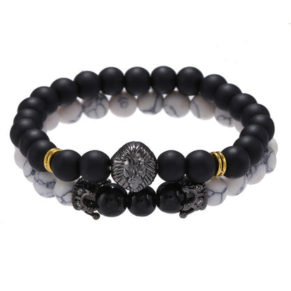 Live hot sale black frosted stone turquoise zircon crown lion head bracelet set creative personalized jewelry accessories