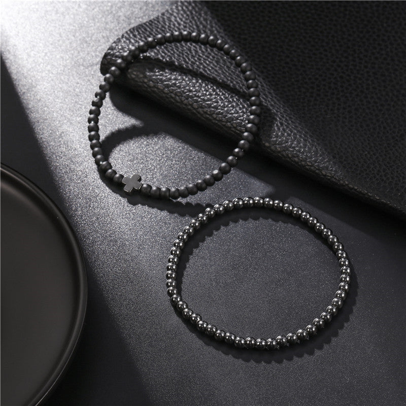 AliExpress hot-selling fashion simple 4mm black matte copper beads wear cross elastic set bracelet bracelet accessories