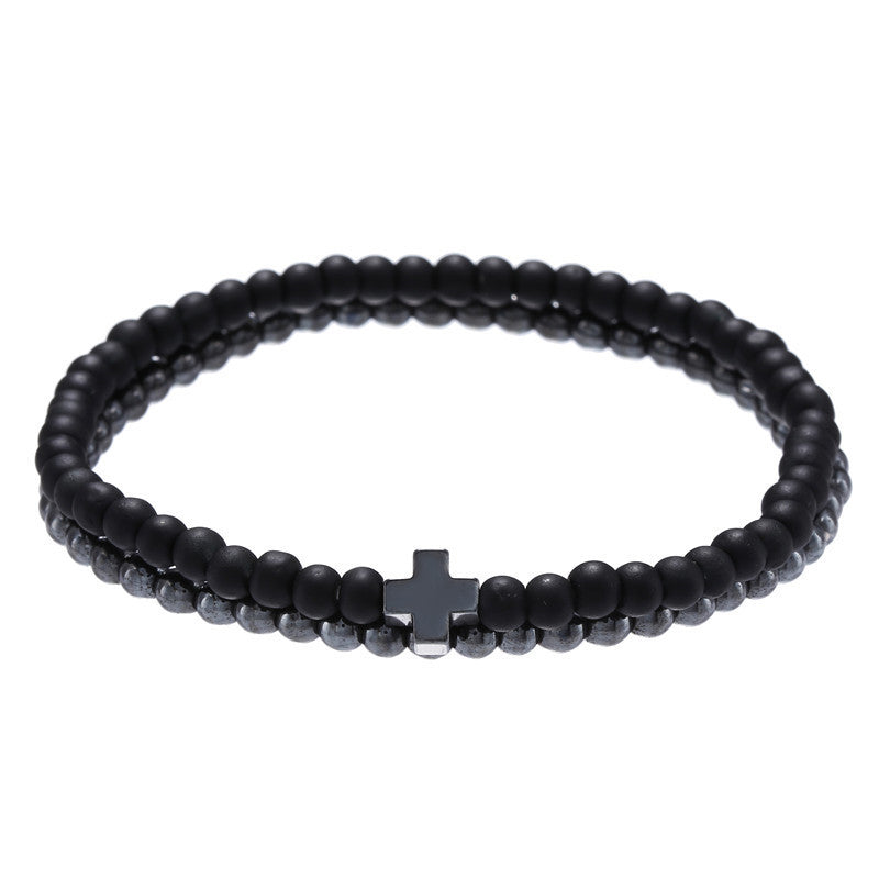 AliExpress hot-selling fashion simple 4mm black matte copper beads wear cross elastic set bracelet bracelet accessories