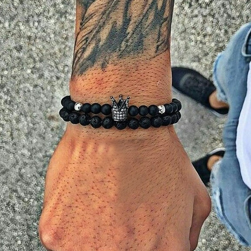 Foreign trade supply jewelry 8mm black matte lava stone micro-inlaid zircon crown two-piece set bracelet bracelet male wholesale