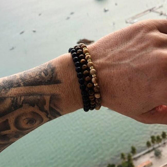 Cross-border men's hand jewelry simple and versatile 8mm black matte tiger eye picture stone elastic set stacked bracelet men