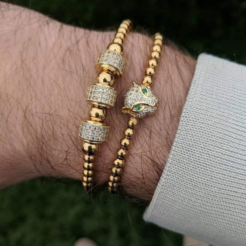 European and American jewelry fashion retro copper bead woven micro-inlaid zircon leopard head wheel two-piece set bracelet bracelet