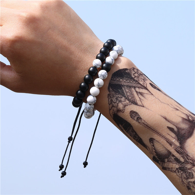 Cross-border hot-selling fashion retro black matte turquoise woven bead set bracelet men's adjustable couple bracelet