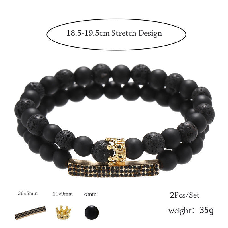 Cross-border jewelry, black frosted stone, lava stone mixed with zircon, small crown, long strip set, bracelet, bracelet set.