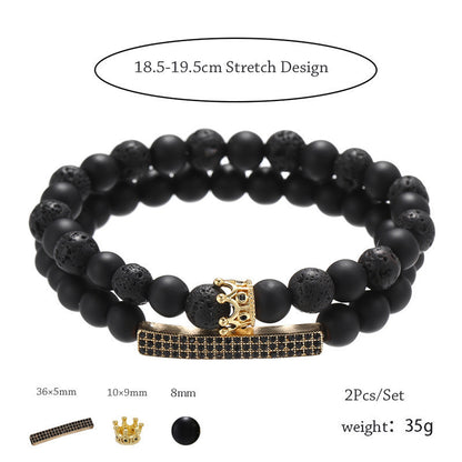 Cross-border jewelry, black frosted stone, lava stone mixed with zircon, small crown, long strip set, bracelet, bracelet set.