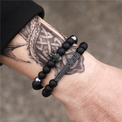 Cross-border jewelry 8mm black matte wear zircon crown long elastic set bracelet bracelet men's accessories