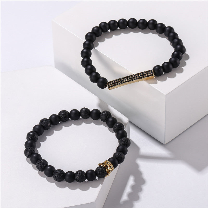 Cross-border jewelry, black frosted stone, lava stone mixed with zircon, small crown, long strip set, bracelet, bracelet set.