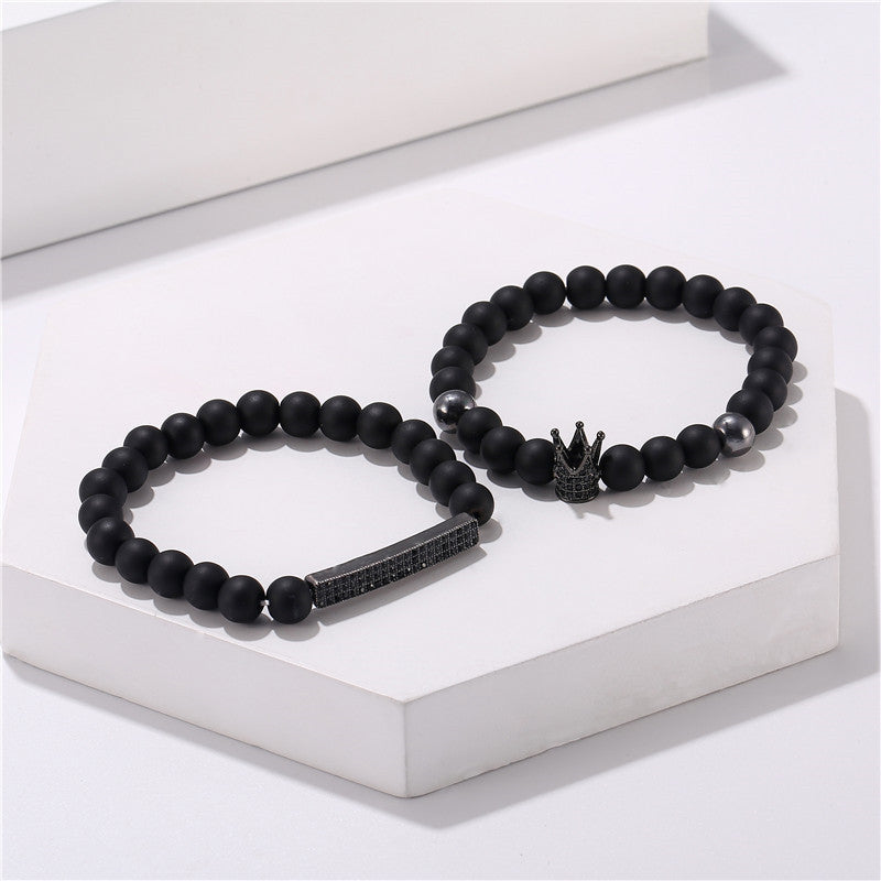 Cross-border jewelry 8mm black matte wear zircon crown long elastic set bracelet bracelet men's accessories
