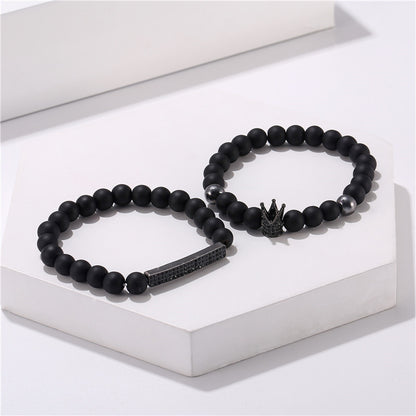 Cross-border jewelry 8mm black matte wear zircon crown long elastic set bracelet bracelet men's accessories