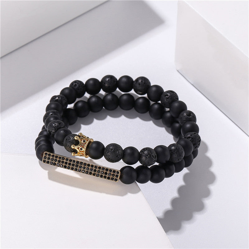 Cross-border jewelry, black frosted stone, lava stone mixed with zircon, small crown, long strip set, bracelet, bracelet set.