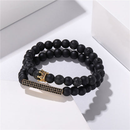 Cross-border jewelry, black frosted stone, lava stone mixed with zircon, small crown, long strip set, bracelet, bracelet set.