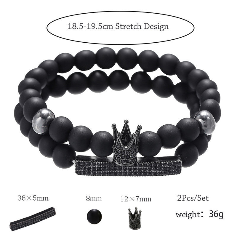 Cross-border jewelry 8mm black matte wear zircon crown long elastic set bracelet bracelet men's accessories
